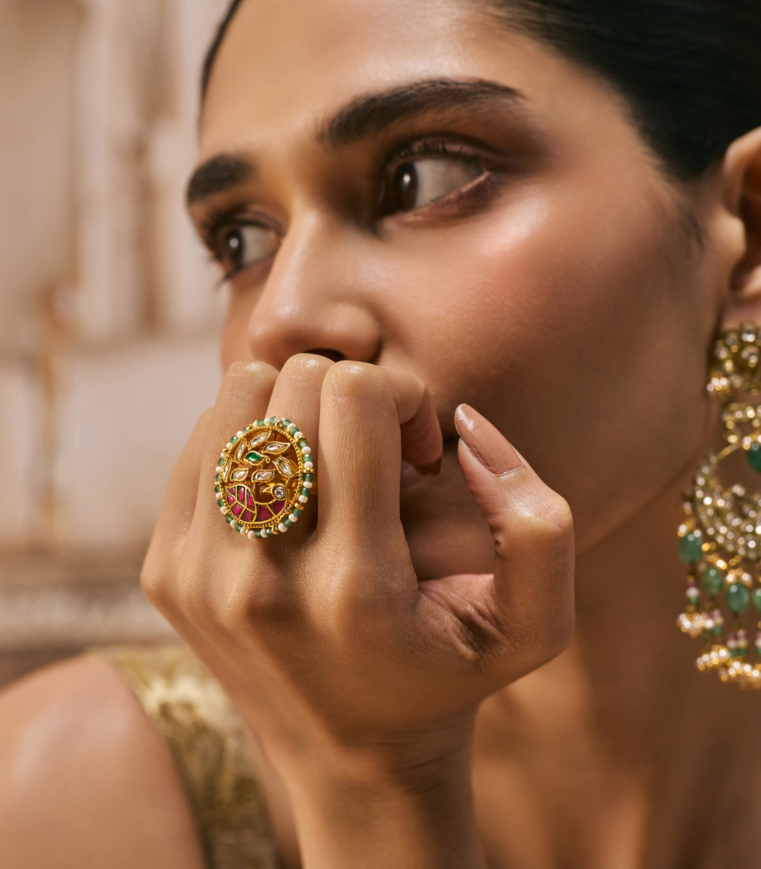 NAINA RED & GREEN KUNDAN RING